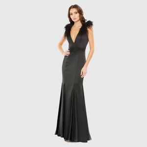 Mac Duggal 68137 Black Feather Shoulder V-Neck Gown